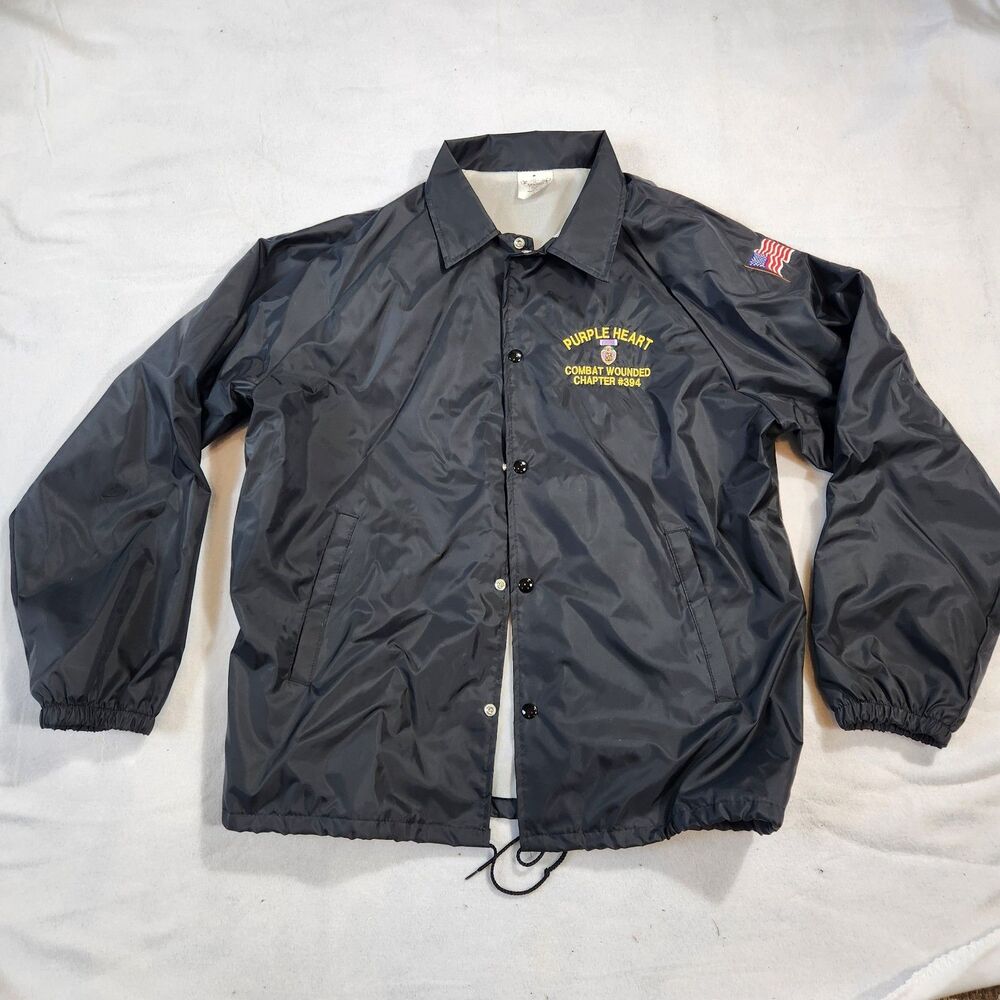 Auburn Purple Heart Combat Wounded Windbreaker Jacket Mens Black  Large USA Vtg